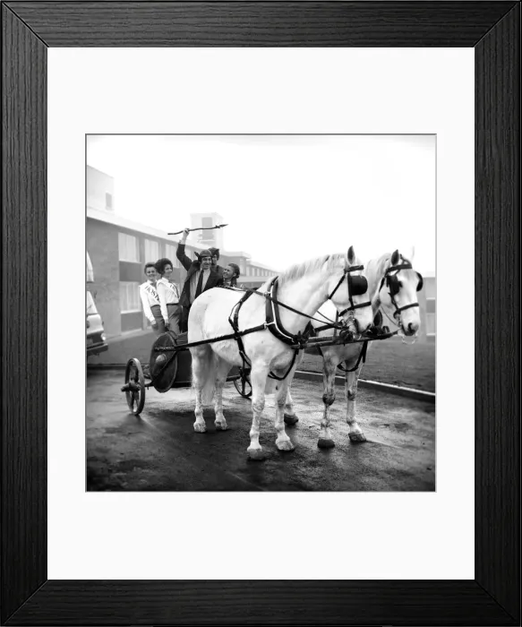 Framed Print : Freddie Trueman with Saxon helmet and spear urging the horses and chariot to get going Framed Print : Freddie Trueman with Saxon helmet and spear urging the horses and chariot to get going