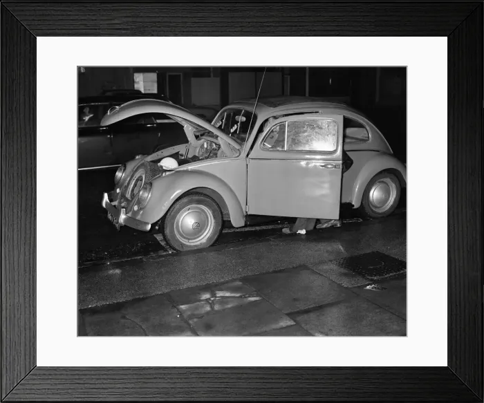 Framed Print : Bombs: Police chase V. W wanted on bomb squad list of wanted cars
