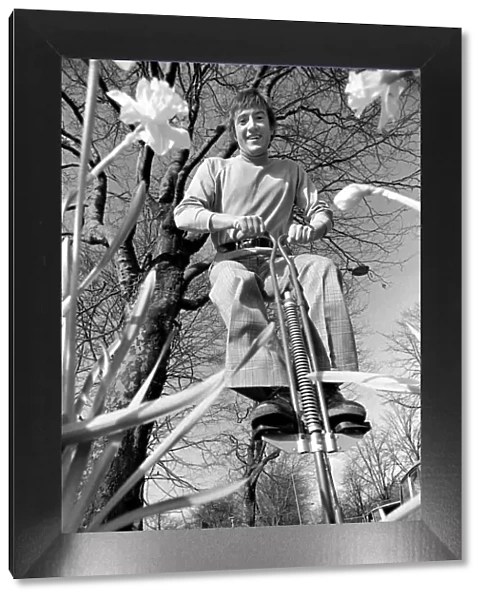 Roy Castle on a pogo stick. January 1975 75-00573-002