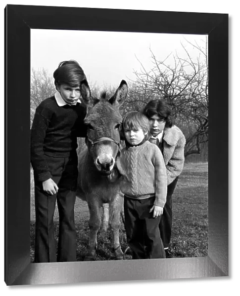 Children with donkey. February 1975 75-00759-002