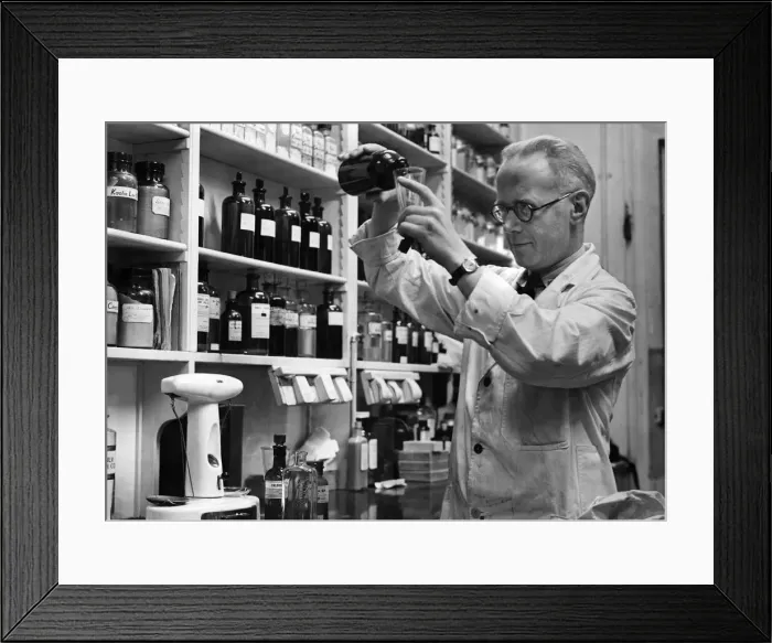 Framed Print : Chemist dispensary. October 1949 P005213 Framed Print : Chemist dispensary. October 1949 P005213