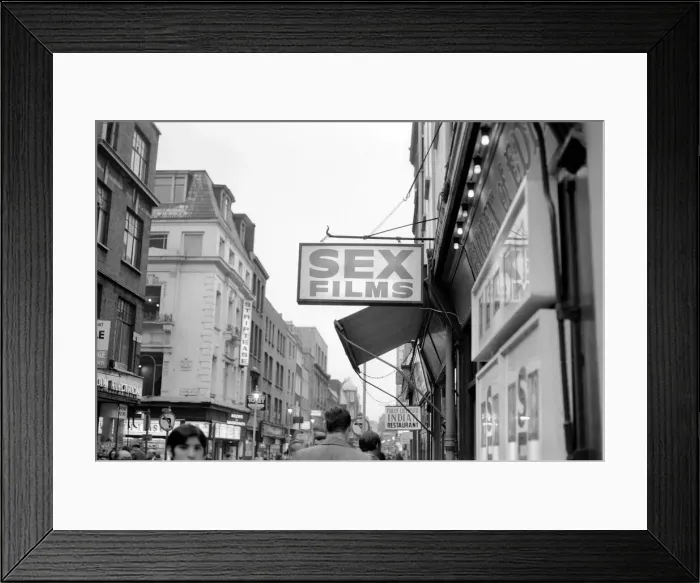 Framed Print : Strip clubs and book shops in Soho. December 1970 70-11636-003 Framed Print : Strip clubs and book shops in Soho. December 1970 70-11636-003