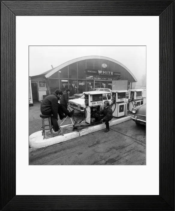 Framed Print : Unusual / Humour / Car. Due to the Electricians strike the petrol pumps at White Service Framed Print : Unusual / Humour / Car. Due to the Electricians strike the petrol pumps at White Service