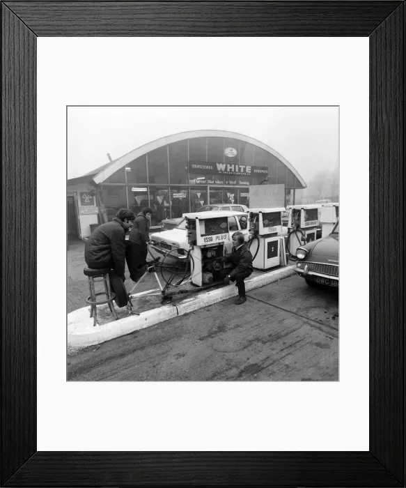 Framed Print : Unusual / Humour / Car. Due to the Electricians strike the petrol pumps at White Service Framed Print : Unusual / Humour / Car. Due to the Electricians strike the petrol pumps at White Service