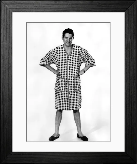 Framed Print : Reveille Fashions 1963: Michael Lister modelling the latest in mens night attire Framed Print : Reveille Fashions 1963: Michael Lister modelling the latest in mens night attire