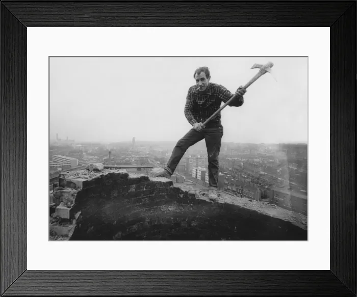 Framed Print : Steeple Jacks: Jim Wilton knocking down the 150ft. Chimney brick by brick Framed Print : Steeple Jacks: Jim Wilton knocking down the 150ft. Chimney brick by brick