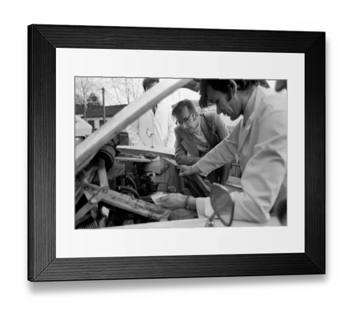 Framed Print : Man  /  Car  /  Unusual  /  Humour. Car at I. P. C. Hemel Hempstead car examiner