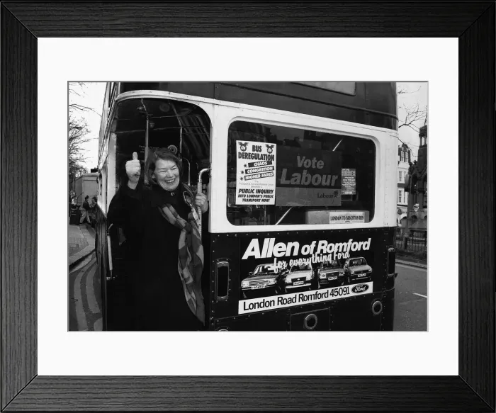 Framed Print : Election General Glenda Jackson boarding a bus in Highgate to protest about bus Framed Print : Election General Glenda Jackson boarding a bus in Highgate to protest about bus