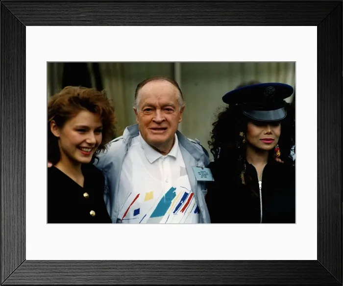 Framed Print : Bob Hope Comedian with Latoya Jackson and Miss Universe make a whistle stop vist to