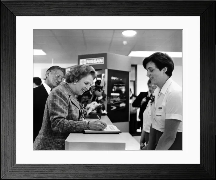 Framed Print : Conservative Prime Minister Margaret Thatcher, signs the visitors book at the Nissan Framed Print : Conservative Prime Minister Margaret Thatcher, signs the visitors book at the Nissan