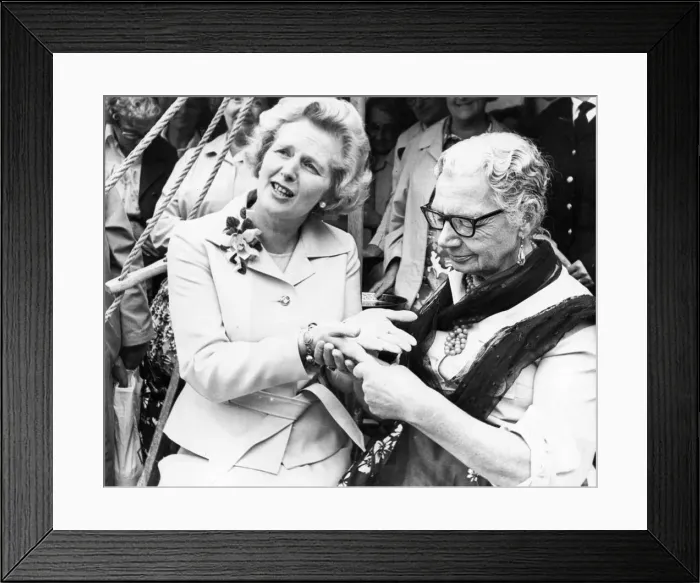 Framed Print : Margaret Thatcher having her fortune told by Molly Douglas during a visit to the North Framed Print : Margaret Thatcher having her fortune told by Molly Douglas during a visit to the North