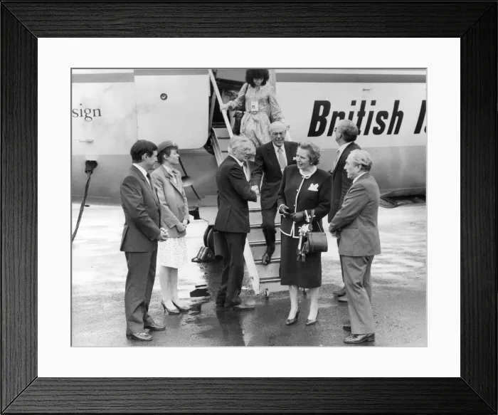 Framed Print : Margaret Thatcher and husband Dennis arrive at Newcastle Airport meeting Jim Denyer Framed Print : Margaret Thatcher and husband Dennis arrive at Newcastle Airport meeting Jim Denyer
