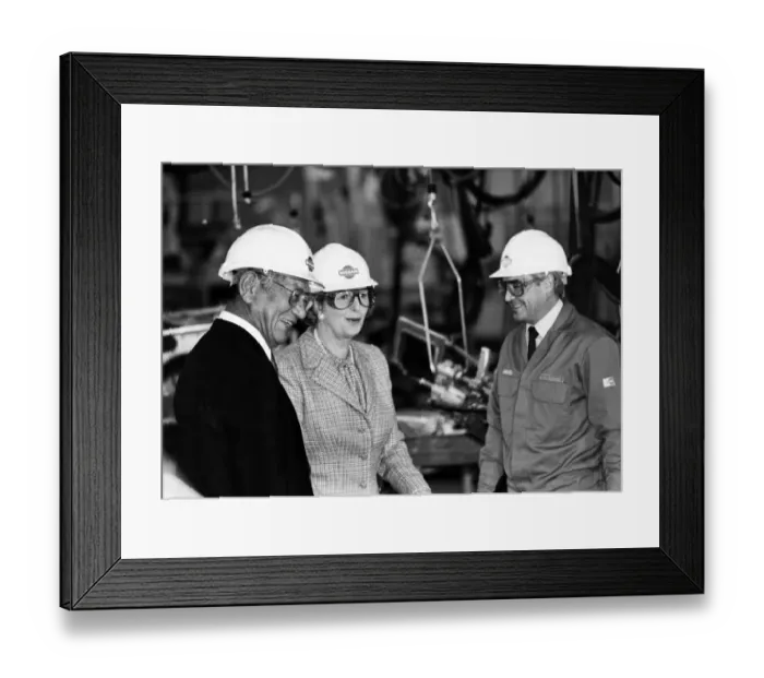 Framed Print : Conservative Prime Minister Margaret Thatcher, wearing a hard hat and protective glasses