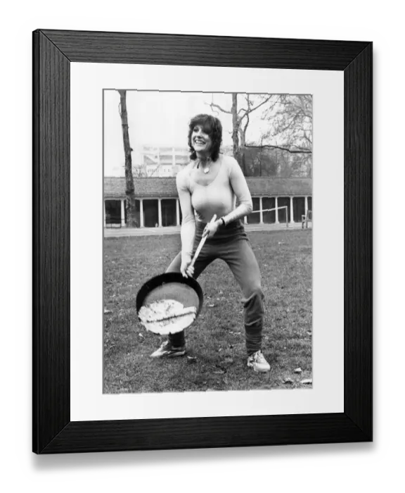 Framed Print : Suzanne Danielle in great form before taking part in a pancake race, 23rd February 1982