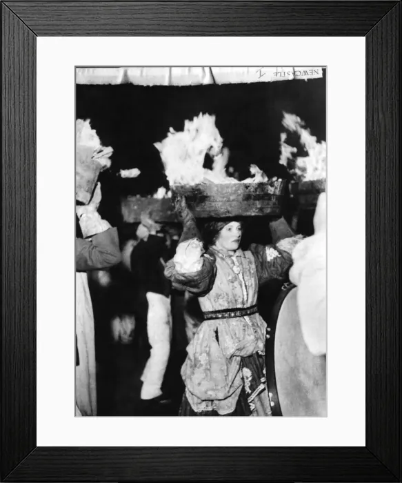 Framed Print : Women balancing barrels of burning tar upon their heads during the Pagan New year Framed Print : Women balancing barrels of burning tar upon their heads during the Pagan New year