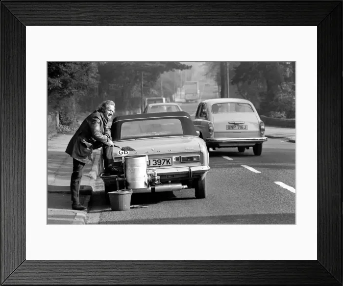 Framed Print : Mr. Douglas Purser who runs his Ford 1, 600 c. c. Capri on Coal Framed Print : Mr. Douglas Purser who runs his Ford 1, 600 c. c. Capri on Coal