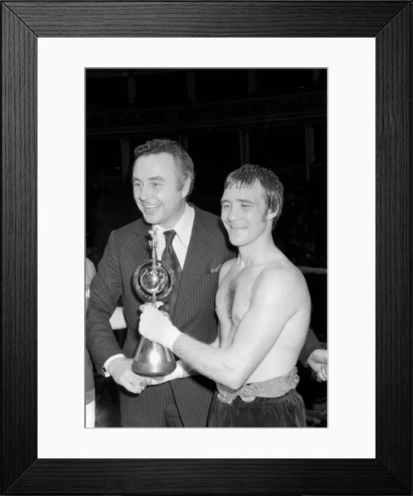 Framed Print : Boxing at Albert Hall. John Stracey vs. Max Hebeisen. John Stracey retained his European Framed Print : Boxing at Albert Hall. John Stracey vs. Max Hebeisen. John Stracey retained his European