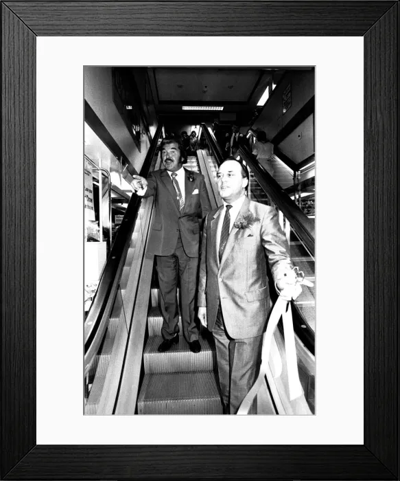 Framed Print : TV sports personality Dickie Davies was a guest of honour at Binns department store in