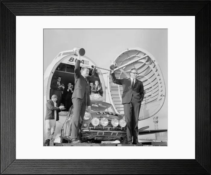Framed Print : Finnish rally driver Rauno Aaltonen with his winning Monte Carlo rally Mini car Framed Print : Finnish rally driver Rauno Aaltonen with his winning Monte Carlo rally Mini car