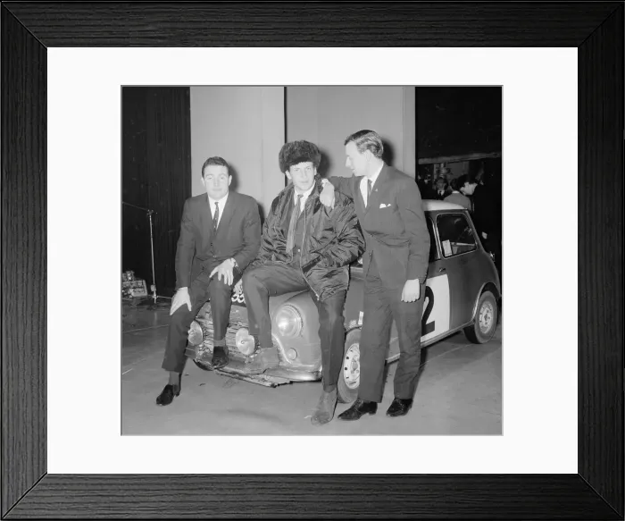 Framed Print : Rally drivers left to right: Paddy Hopkirk, Timo Makinen of Finland wearing a Russian hat Framed Print : Rally drivers left to right: Paddy Hopkirk, Timo Makinen of Finland wearing a Russian hat