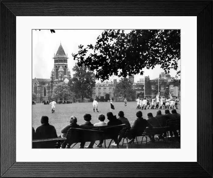 Framed Print : The first full-scale trial for Rugby Schools First XV, which took place on the Close Framed Print : The first full-scale trial for Rugby Schools First XV, which took place on the Close