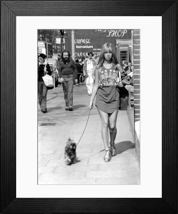 Framed Print : Woman taking her dog for a walk on Kings Road in Chelsea Framed Print : Woman taking her dog for a walk on Kings Road in Chelsea