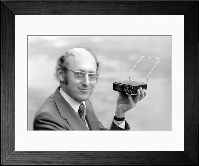 Framed Print : Worlds 1st pocket TV. : Sinclair Radionics. Managing Director of Sinclair Radionics, Mr