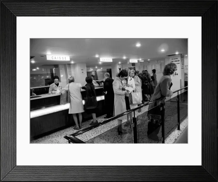 Framed Print : Local people queuing at a bank in Paris, France April 1975 75-2079-012 Framed Print : Local people queuing at a bank in Paris, France April 1975 75-2079-012