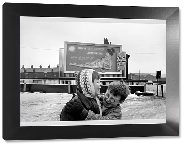 Nude poster story. Two youngsters, out playing in the snow sniggering after seeing