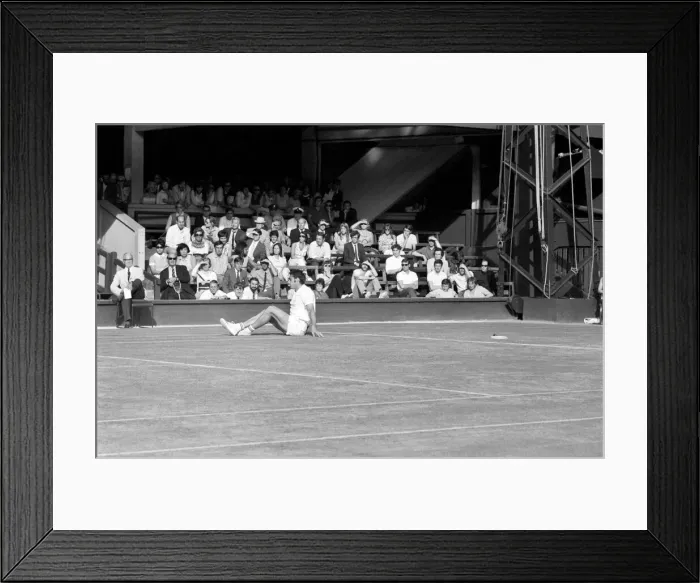 Framed Print : Wimbledon Tennis Championships 1970 1st Day. Roger Taylor finishes on the floor after
