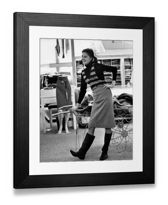 Framed Print : Fashion 1963: Model wearing knee length skirt with a two piece tunic Framed Print : Fashion 1963: Model wearing knee length skirt with a two piece tunic