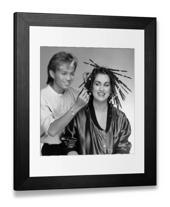 Framed Print : New Perm for Melanie with stylist Allan Soh. October 1984 P007896