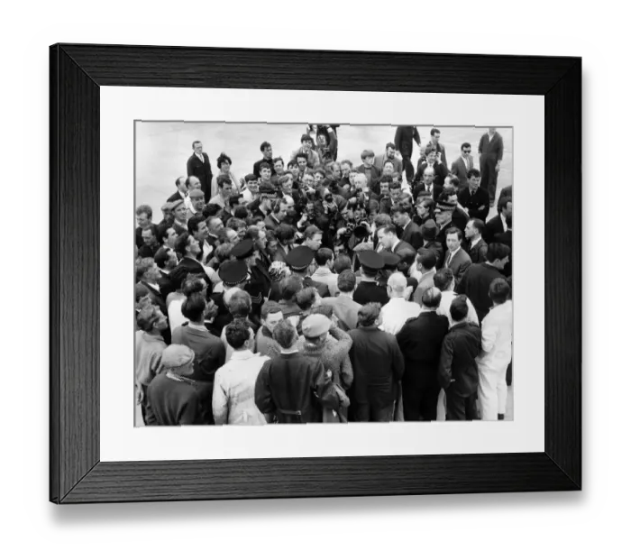 Framed Print : Workers, press men and officials try to get a look at the New Flyweight Champion of Framed Print : Workers, press men and officials try to get a look at the New Flyweight Champion of