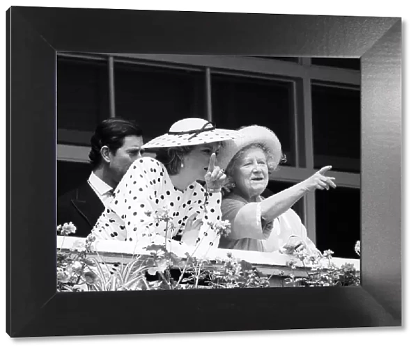 Queen Mother with Prince Charles and Princess Diana at Royal Ascot. 15th June 1988