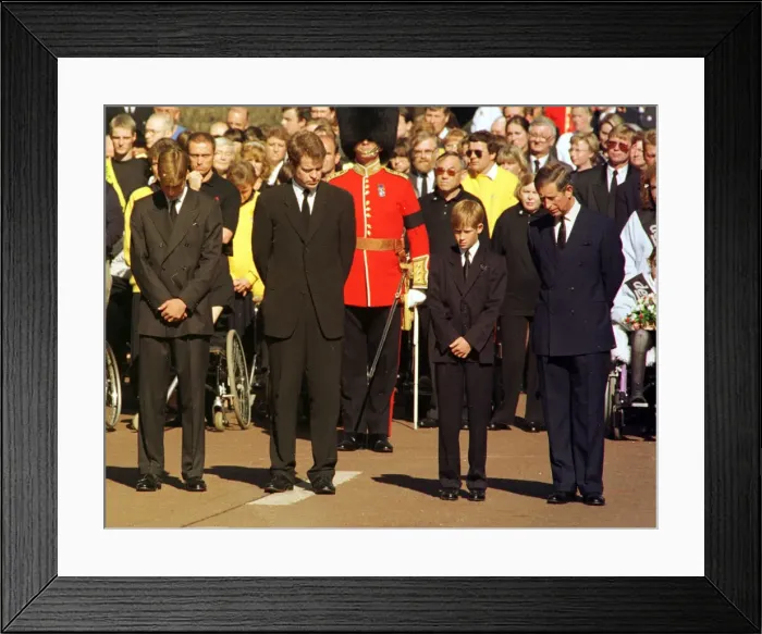 Framed Print : Princess Diana Funeral. Royals with their heads bowed outside St James Palace Framed Print : Princess Diana Funeral. Royals with their heads bowed outside St James Palace