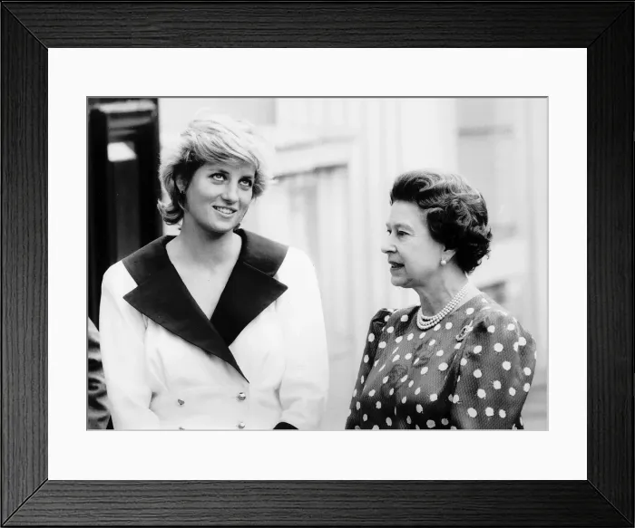 Framed Print : The Queen and Princess Diana talk outside outside Clarence House for the Queen Mothers