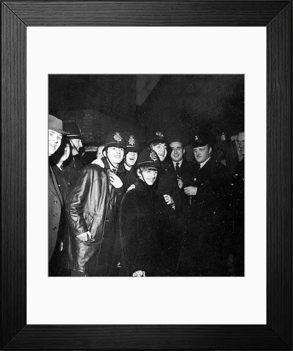 Framed Print : The Beatles dressed in policemen helmets used to smuggle them into the Birmingham Framed Print : The Beatles dressed in policemen helmets used to smuggle them into the Birmingham