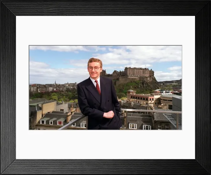 Framed Print : Fred Goodwin, chief executive Clydesdale Bank, pictured on roof of head office in Framed Print : Fred Goodwin, chief executive Clydesdale Bank, pictured on roof of head office in