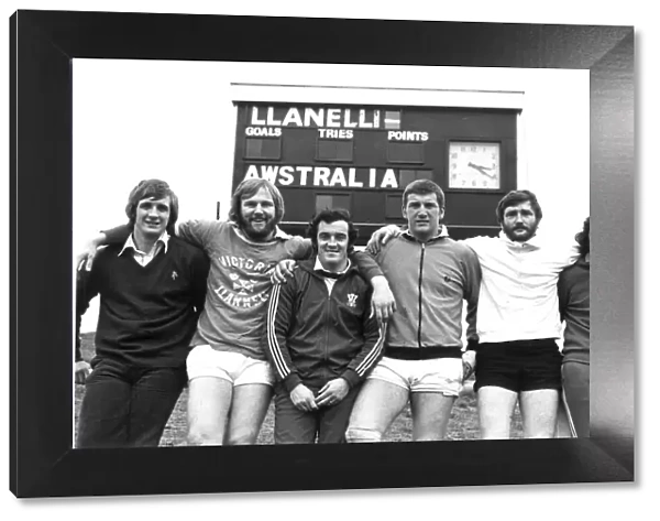 Five of Llanellis Welsh internationals. l-r Roy Bergiers, Derek Quinnell