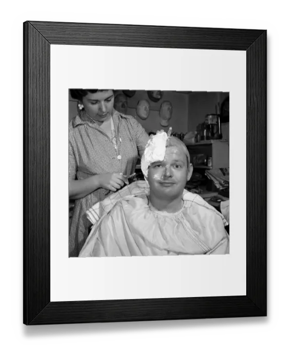 Framed Print : Comedian Benny Hill having a plaster cast of his skull made, so a wig can be made