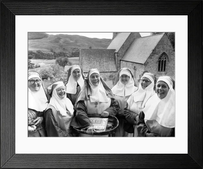 Framed Print : The cast of the play The Seven Nuns, who are left to right, Ann Clark, Freda Howarth