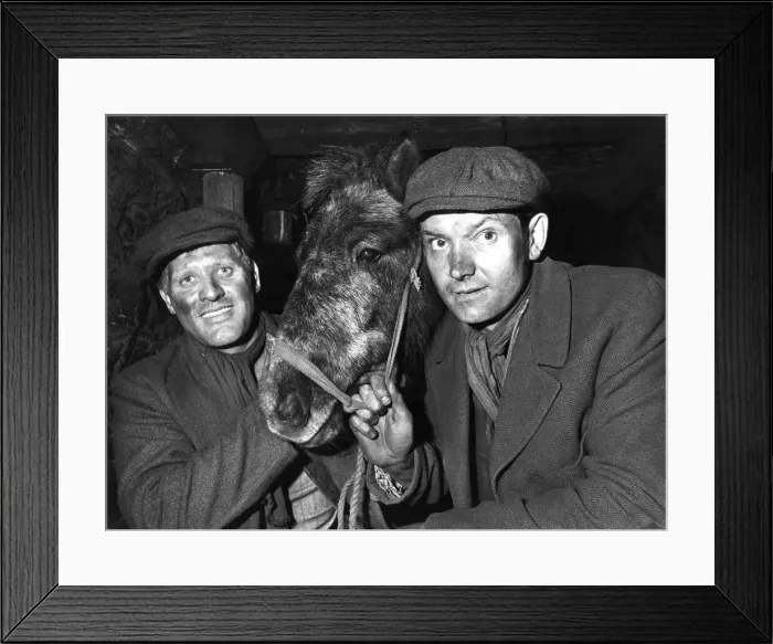 Framed Print : Two miners crom County Durham with Lion, one of the pit ponies appearing the new Disney Framed Print : Two miners crom County Durham with Lion, one of the pit ponies appearing the new Disney