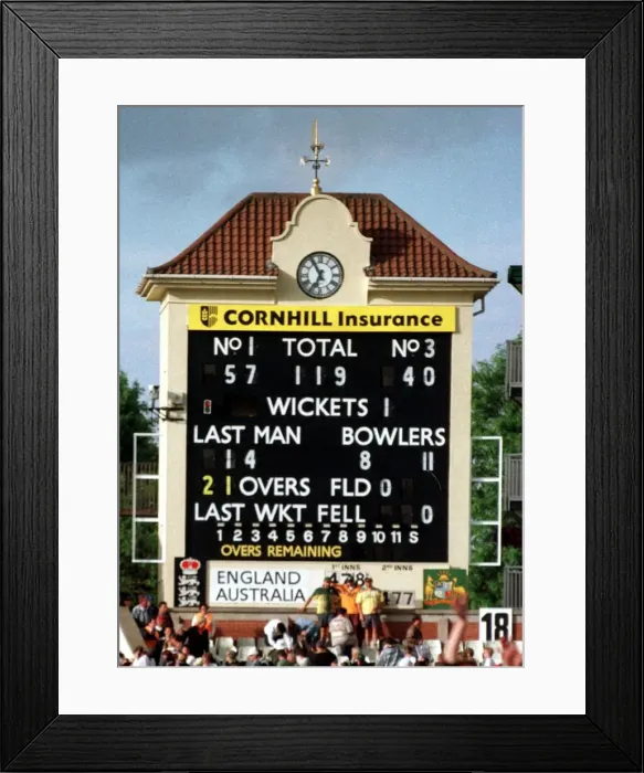 Framed Print : Scoreboard at Edgbaston surrounded by fans showing England beating Australia by nine Framed Print : Scoreboard at Edgbaston surrounded by fans showing England beating Australia by nine