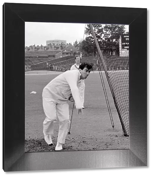 Fred Trueman in training for the Test match Trying out his injured foot at