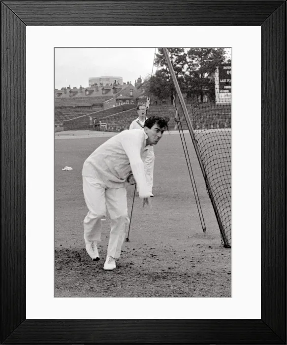 Framed Print : Fred Trueman in training for the Test match Trying out his injured foot Framed Print : Fred Trueman in training for the Test match Trying out his injured foot