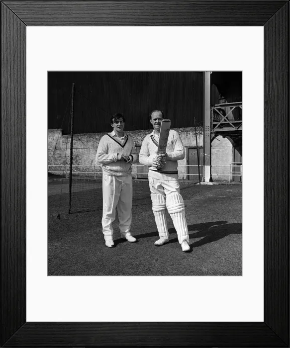 Framed Print : Brian Close (right) and Fred Trueman at the start of the 1964 season pose before practice Framed Print : Brian Close (right) and Fred Trueman at the start of the 1964 season pose before practice