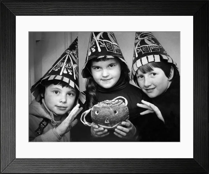 Framed Print : Three children in costume with a turnip lantern for Halloween in October 1979