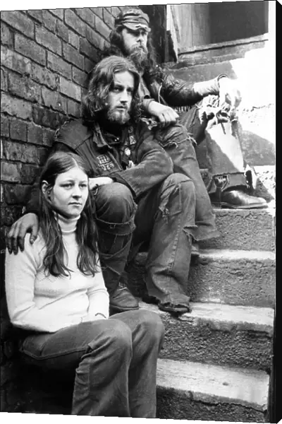 Jean Scott with two members of the Hells Angels who had squatted in a Bensham house in