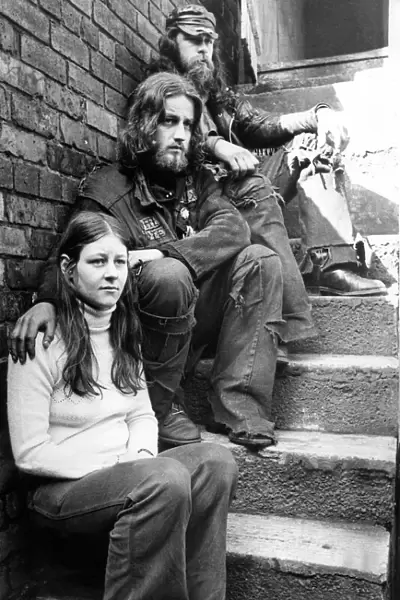 Jean Scott with two members of the Hells Angels who had squatted in a Bensham house in