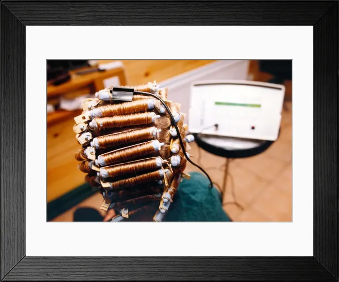 Framed Print : The new Revlon hair analyser is use at Barry Dees salon in October 1995